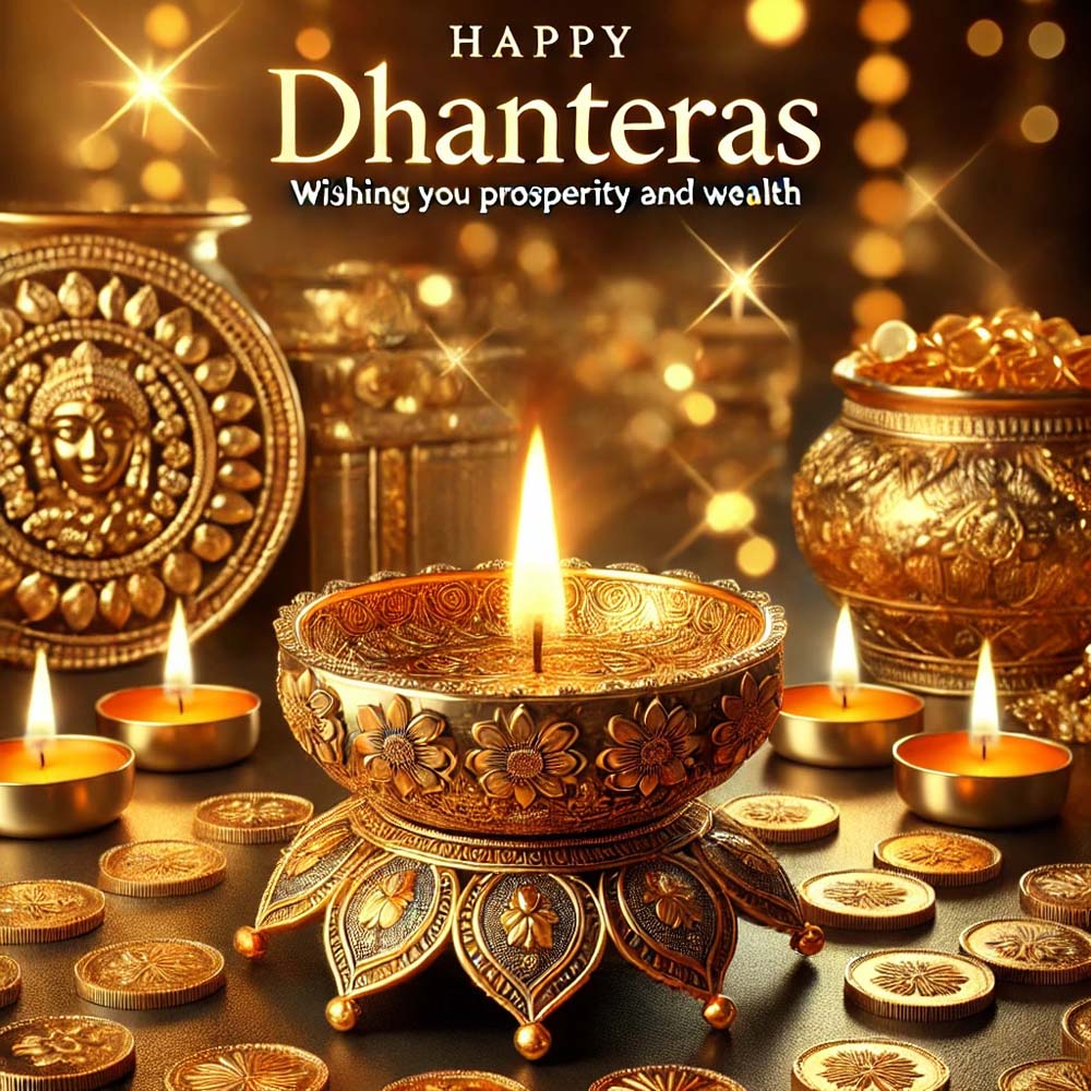 Dhanteras wishes image featuring a golden intricately designed diya India's Favourite Online Gift Shop