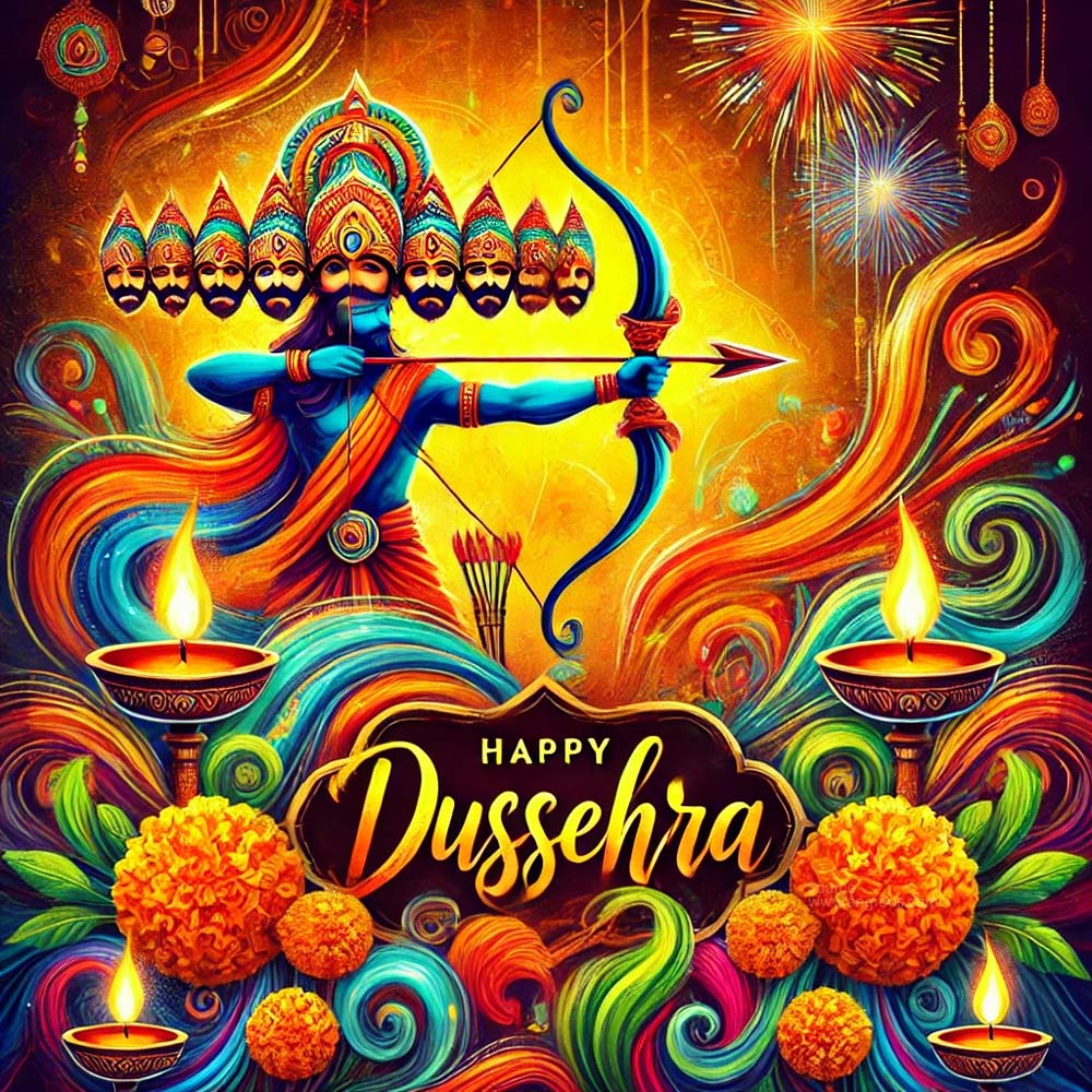 A vibrant Dussehra greeting card with a unique hand painted art style India's Favourite Online Gift Shop