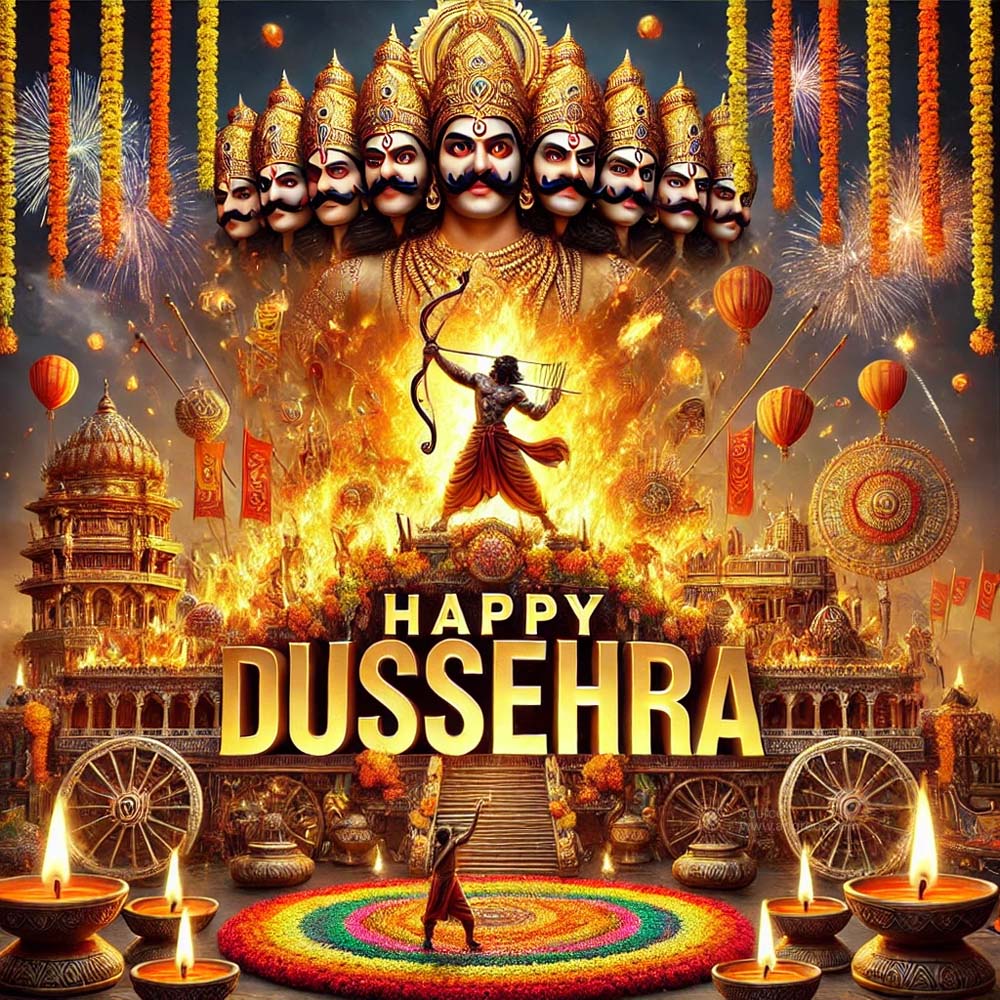 DALL┬╖E 2024 10 03 08.16.04 An ultra realistic Dussehra greeting card with large Happy Dussehra wishes in bold golden letters at the center. The background features a detailed India's Favourite Online Gift Shop