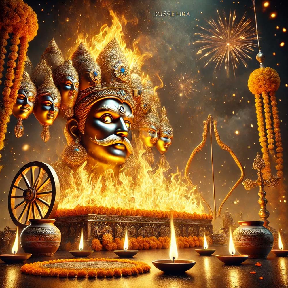 Dussehra greeting card with a focus on a detailed close up of Ravanas effigy in flames India's Favourite Online Gift Shop