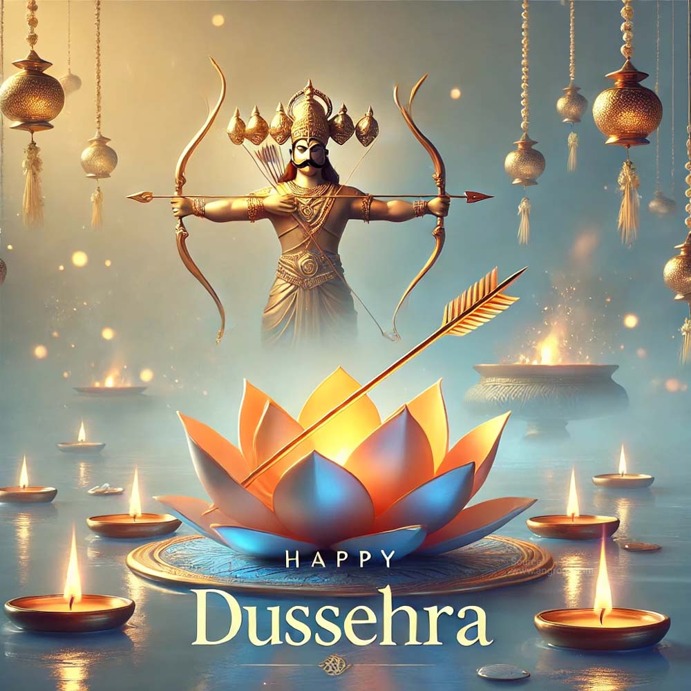 Dussehra greeting image focusing on a serene scene with a golden bow India's Favourite Online Gift Shop